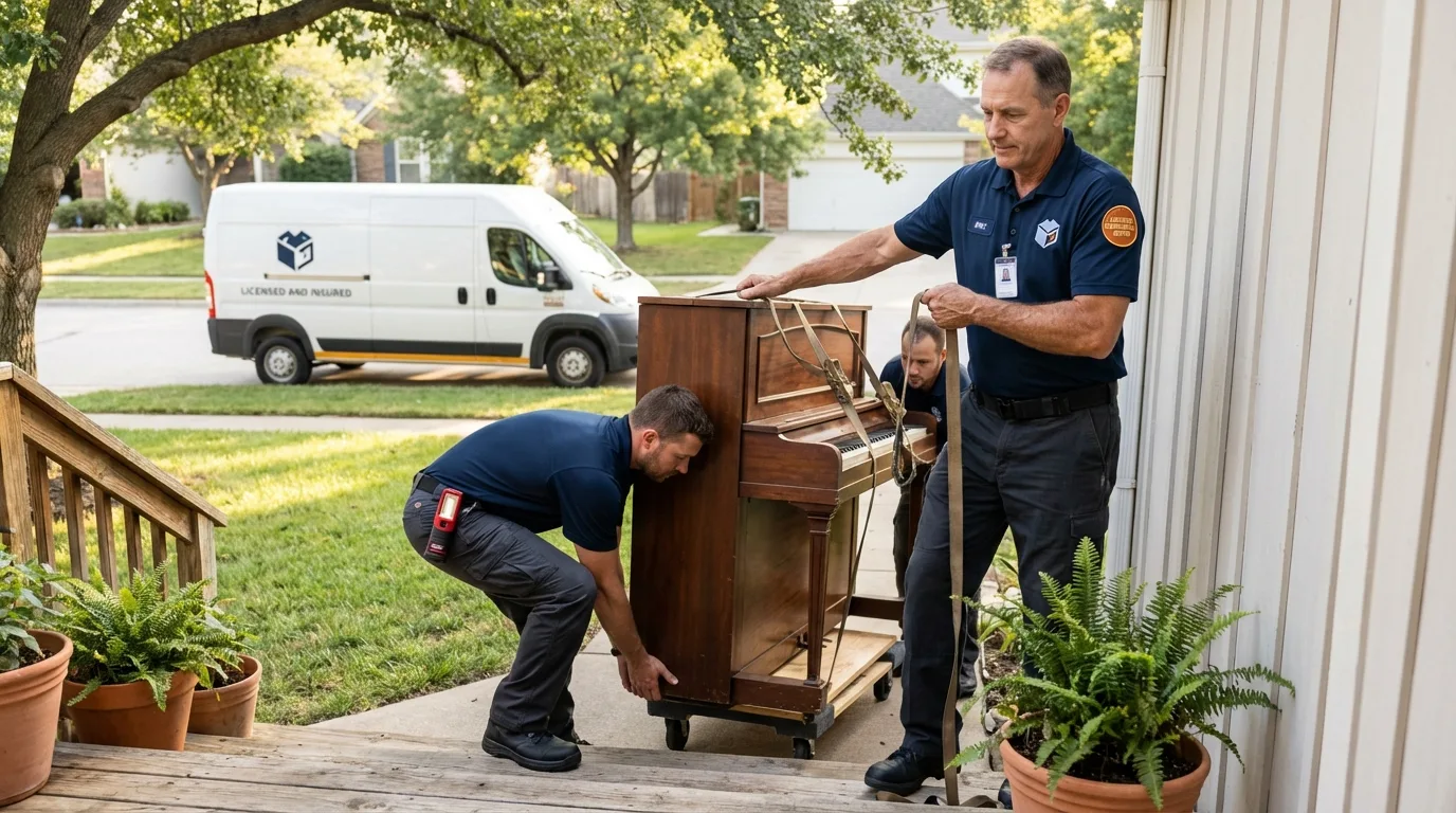 Licensed piano movers securing grand piano in Wonder Lake, IL
