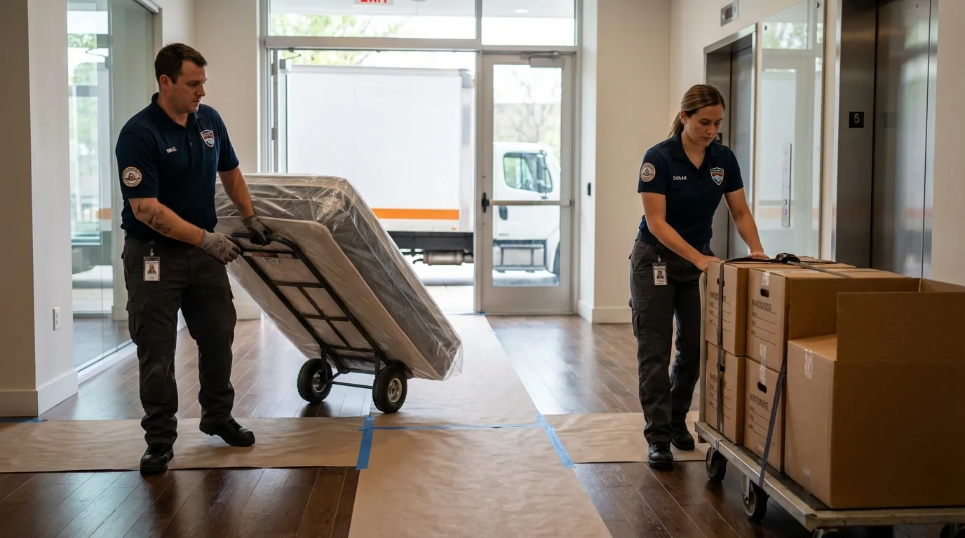 Professional apartment movers loading elevator in Wonder Lake, IL