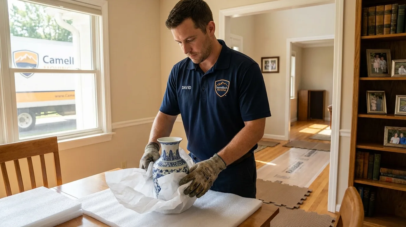 Professional crew carefully wrapping antique vase for senior downsizing move in Wonder Lake, IL